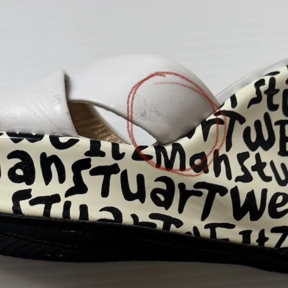 Stuart Weitzman White Leather Graphic Print Mule Wedge Heels Size 8 - Picture 11 of 13